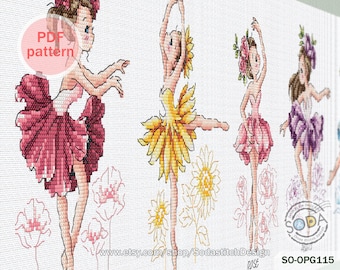 Cross Stitch Pattern pdf,Dance Poppy Sunflower Rose Peony Tulip Modern Instant pdf Download Counted,SO-OPG115 &#39;Flower Ballet&#39;
