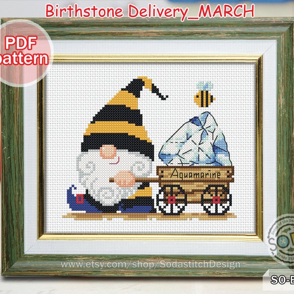 MARCH Birthstone Delivery Gnome Aquamarine Cross Stitch Pattern pdf Fairy Elf Pixie Sprite download,SO-BS23 'Birthstone Delivery_MARCH'