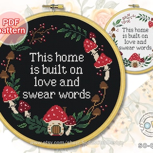 Cross Stitch Pattern pdf &#39;This home is built on love and swear words&#39; Funny Quotes Text Wreath,SO-Q48 &#39;This home is built&#39;