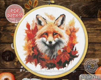 Patrón de punto de cruz en PDF Otoño Hojas caídas Bosque Animal Moderno, SO-OP2183 'Zorro rojo otoñal'