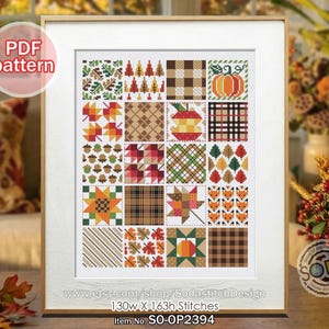 May include: A framed cross stitch PDF pattern featuring a grid of twenty autumn-themed squares including pumpkins, foxes, acorns, plaid patterns, and various leaves in orange, brown, green, and red. Text reads 130w X 163h Stitches and Item No. SO-OP2394.