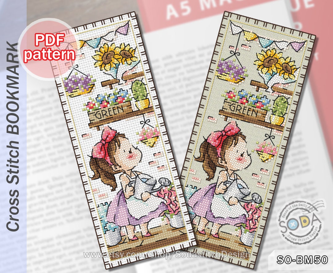 Cross Stitch Pattern Pdf Bookmark Reading Modern, SO-BM50 'FLOWER SHOP ...