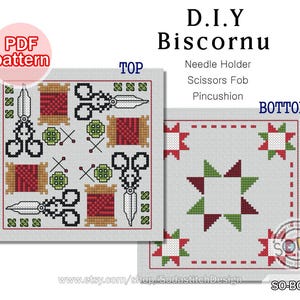 Kruissteekpatroon pdf Biscornu-naaldhouder Speldenkussen Schaar Sampler Sampler Modern Download, SO-BC107 &#39;Biscornu_Sewing&#39;