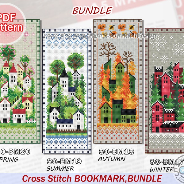 Bookmark Cross Stitch Pattern pdf Four seasons Forest House Town Spring Summer Autumn Fall Winter,SO-BM21 'Four seasons Village_BUNDLE'