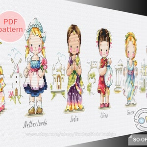 Modèle de point de croix pdf vêtements traditionnels tenue Costume mignon moderne instantané pdf téléchargement compté, SO-OPG22 'World Collection_Girl'