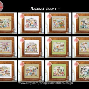 May include: A collage of 10 cross-stitch patterns featuring various shops, including a bakery, boutique, flower shop, candy shop, doll shop, animal hospital, shoe shop, bookstore, hair salon, and a cafe. Each pattern is framed in a brown wooden frame with a white background and a small red label that says "PDF pattern".