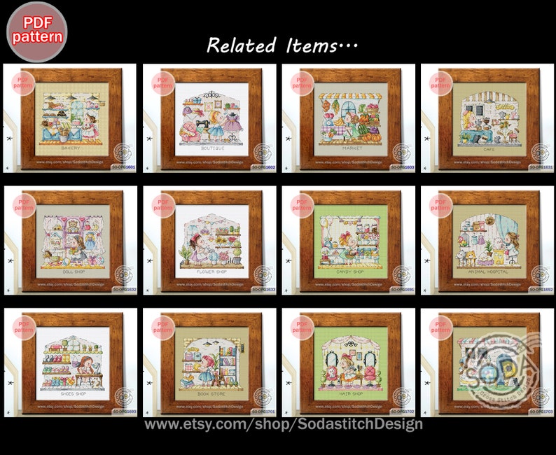 May include: A collage of 10 cross-stitch patterns featuring various shops, including a bakery, boutique, flower shop, candy shop, doll shop, animal hospital, shoe shop, bookstore, hair salon, and a cafe. Each pattern is framed in a brown wooden frame with a white background and a small red label that says "PDF pattern".