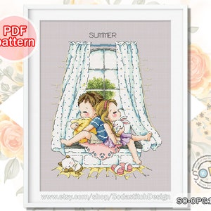 Cross Stitch Pattern pdf Four Season Summer Modern Counted Download,SO-OPG193B &#39;Four Season Window_Summer&#39;