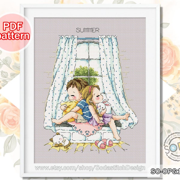 Cross Stitch Pattern pdf Four Season Summer Modern Counted Download,SO-OPG193B 'Four Season Window_Summer'