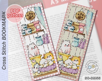 Patrón de punto de cruz en PDF, marcapáginas, gatos, gatito, moderno, SO-BM55 'Habitación del gato'