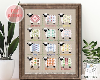 Lambs Sheep 12 month Four season Cross Stitch Pattern,Simple Easy Counted Cross Stitch pattern Instant PDF Download,SO-OP177 '12 Lambs'