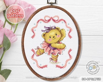 Cross Stitch Pattern pdf Bear Teddy Ballet Animal, SO-OPG175B 'Ballerina Bear'