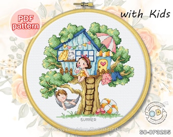 Cross Stitch Pattern pdf Home Four Seasons Modern, SO-OP3235 'Treehouse of Summer'