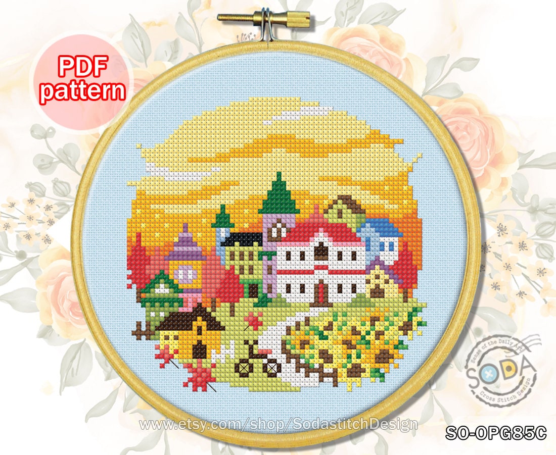 Cross Stitch Pattern Pdf Autumn Fall Town House Modern, SO-OPG85C 'four ...