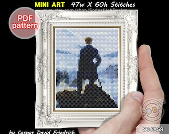 Mini Cross Stitch Pattern pdf Tiny Famous Paintings Masterpiece ,SO-FA58 Wanderer Above the Sea of Fog by Caspar David Friedrich