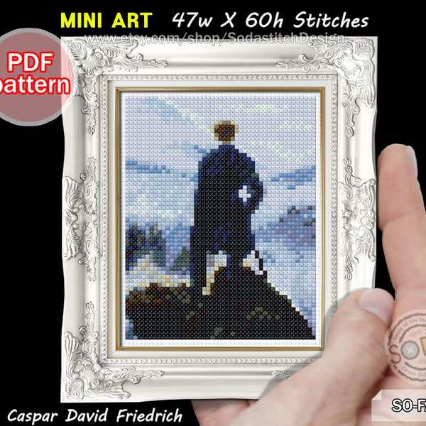 Mini Cross Stitch Pattern pdf Tiny Famous Paintings Masterpiece ,SO-FA58 Wanderer Above the Sea of Fog by Caspar David Friedrich