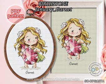 Cross Stitch Pattern pdf Jewel Gem Jewelry Jewellery, SO-OPG137A 'Birthstone_January_Garnet'