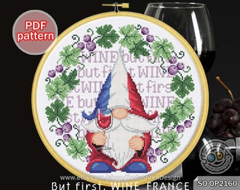 Patrón de punto de cruz en PDF Gnomo Hada Elfo Pixie Moderno, SO-OP2160 'pero primero, WINE_FRANCE'