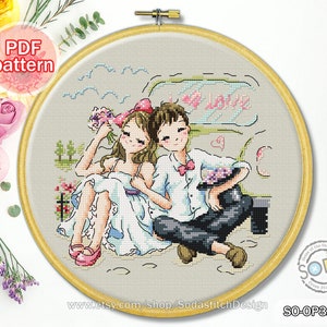 クロスステッチパターン pdf 結婚式 花嫁 花婿 恋人 結婚 カップル 記念日 モダン インスタントダウンロード カウントチャート、SO-OP3137「ウェディングカー」
