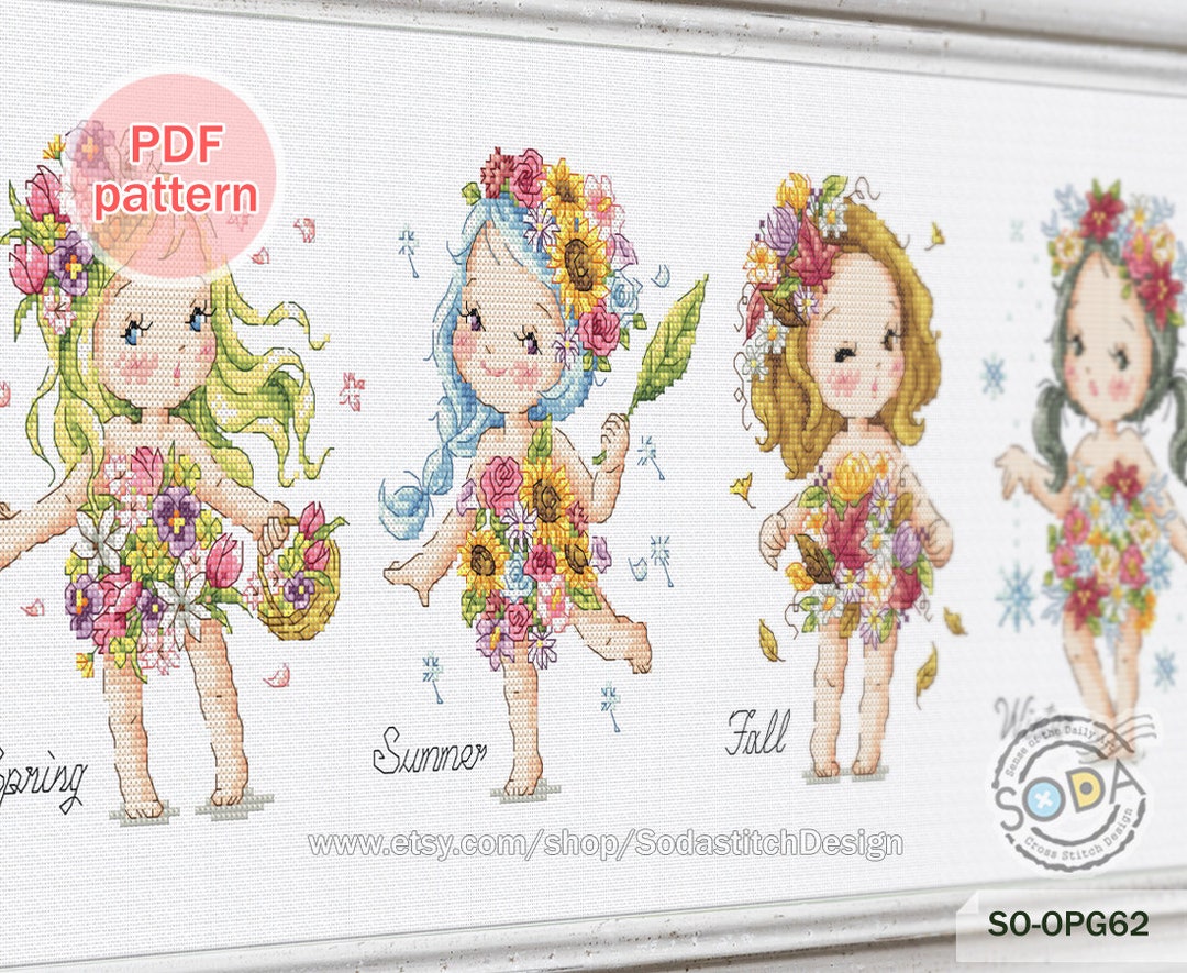 Cross Stitch Pattern Pdf Fairy Elf Pixie Flower Four Seasons Modern, SO ...