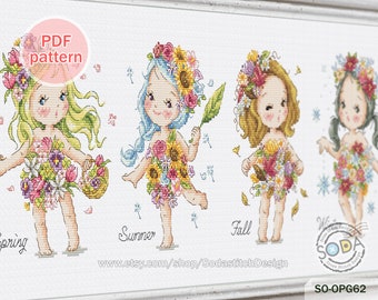 Cross Stitch Pattern pdf Flower Four Seasons Spring Summer Autumn Fall Winter Modern Instant Download Counted Chart,SO-OPG62 'Elf's Garden'