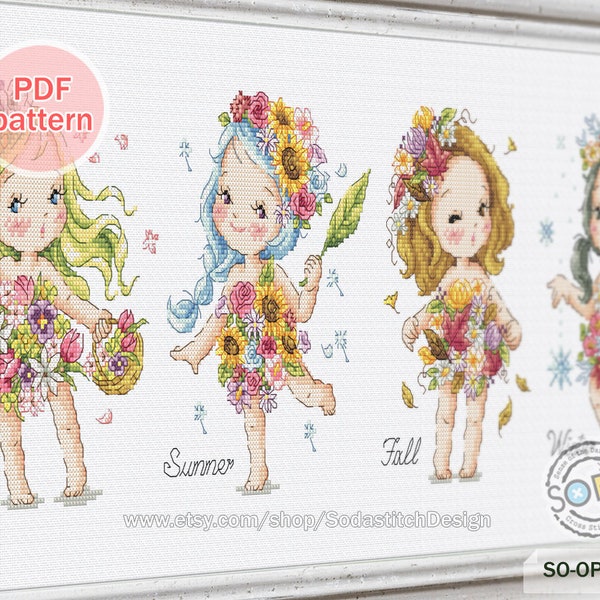 Cross Stitch Pattern pdf Flower Four Seasons Spring Summer Autumn Fall Winter Modern Instant Download Counted Chart,SO-OPG62 'Elf's Garden'