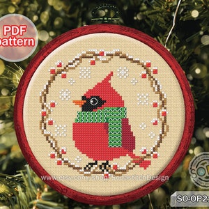 Christmas Cross Stitch Pattern pdf Cardinal Bird Snowflake Ornament Winter Simple Easy for Beginner Download,SO-OP2127C &#39;Christmas Cardinal&#39;