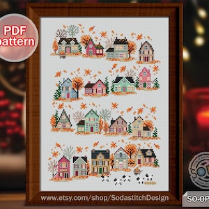 Modèle de point de croix pdf automne automne quatre saisons feuilles mortes maison ville téléchargement immédiat tableau compté, SO-OP2245 « village d'automne »