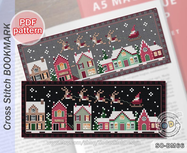 May include: Two cross stitch bookmark patterns featuring a winter village scene with houses, snow, and reindeer. The top pattern is on a gray background, and the bottom pattern is on a black background. The text "SO-BM66" is in the bottom right corner of the image.