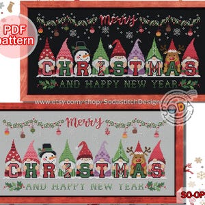 May include: Two framed cross-stitch patterns with a Christmas theme. The top frame has a black background, while the bottom frame has a gray background. Both feature the words "Merry Christmas and Happy New Year" with colorful gnomes and a snowman.