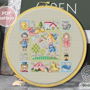 May include: A colorful cross-stitch pattern featuring a whimsical scene with a girl, a boy, a cat, a fox, a house, a tent, a carousel horse, and a whale. The pattern is framed in a wooden hoop and includes the text "SO-OP3225".