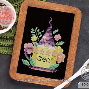 Tea Gnome Cross Stitch Pattern,Green Herb Tea Elf Easy Simple for Beginner Modern instant pdf download counted chart,SO-OP209 &#39;Tea Gnome&#39;