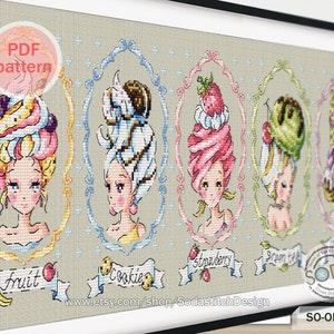 Patrón de punto de cruz en PDF, Patrón de punto de cruz moderno Lady, descarga instantánea en PDF contado, SO-OPG76 &#39;Ice Cream Ladies&#39;