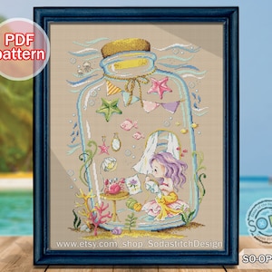 May include: A cross-stitch pattern featuring a mermaid inside a glass jar with a colorful background. The mermaid is wearing a yellow tail and a purple crown. The jar is decorated with seashells, starfish, and a string of flags. The text "SO-OPG200" is in the bottom right corner.