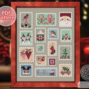 May include: A cross stitch pattern featuring a collection of 16 Christmas-themed images, each framed in a postage stamp design. The images include a cardinal, gingerbread people, Santa Claus, snowmen, a hot beverage, a robin, a house, reindeer, a stocking, a Christmas tree, a snowman, a heart, a reindeer, a snowman, a sleigh, and a Christmas tree.