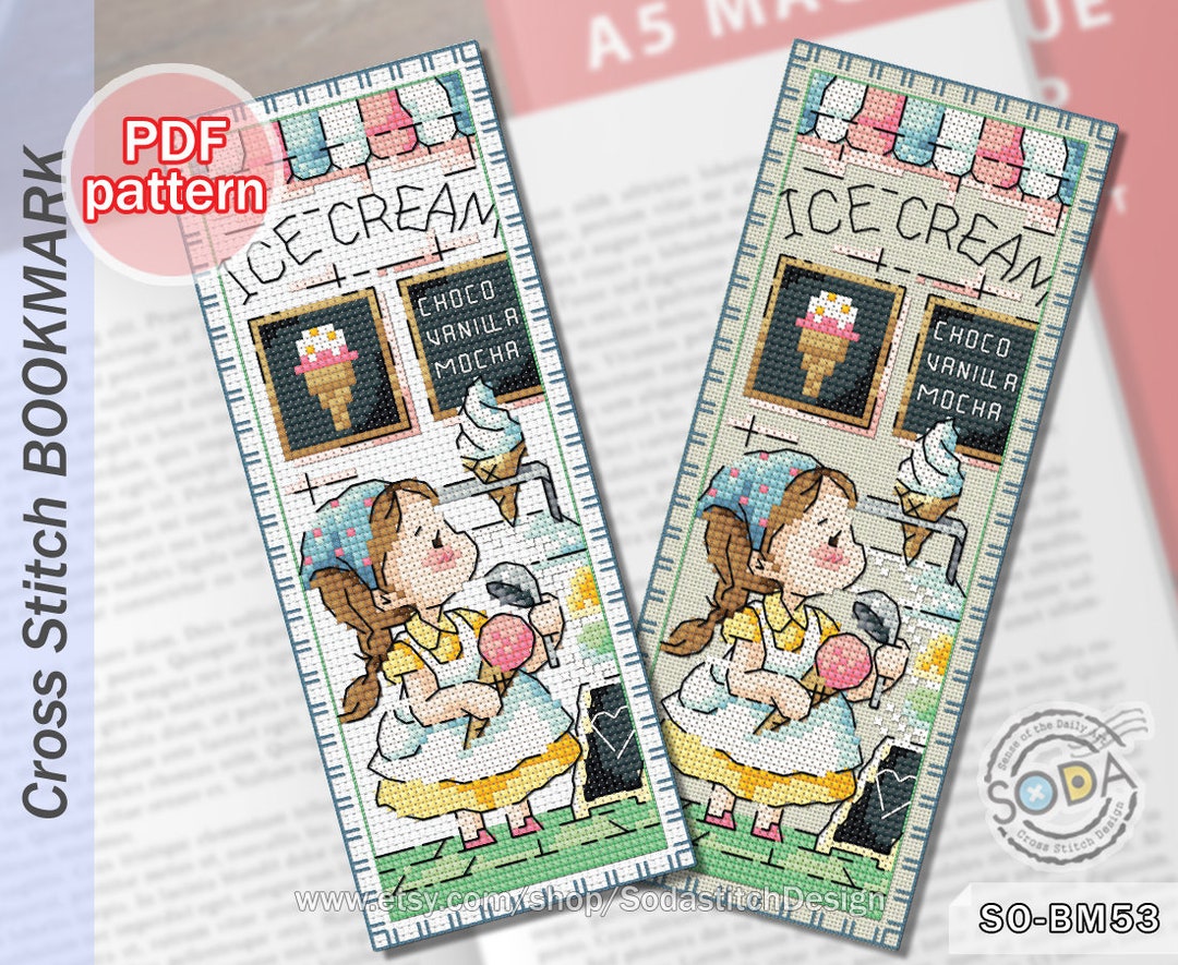Cross Stitch Pattern Pdf Bookmark Reading Modern, SO-BM53 Ice Cream ...