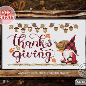 Kruissteekpatroon pdf Kabouter Happy Thanksgiving Day Herfst Herfst Elfenfee Grappig Modern Downloadgrafiek, SO-OP2223 'Happy Thanksgiving'