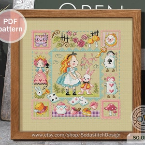 May include: A cross-stitch pattern featuring Alice in Wonderland characters, including Alice, the Mad Hatter, the Queen of Hearts, and the White Rabbit. The pattern is in a colorful, whimsical style and includes a variety of details, such as playing cards, flowers, and a tea party.