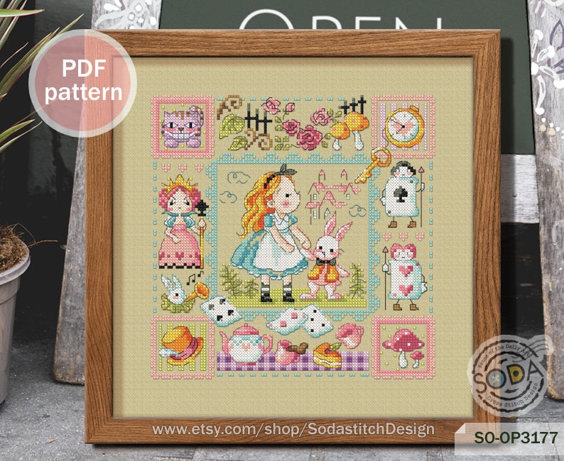 May include: A cross-stitch pattern featuring Alice in Wonderland characters, including Alice, the Mad Hatter, the Queen of Hearts, and the White Rabbit. The pattern is in a colorful, whimsical style and includes a variety of details, such as playing cards, flowers, and a tea party.