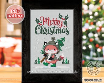 Cross Stitch Pattern pdf Winter Holiday Animal Modern, SO-OP2312 'Merry Christmas_Fox'