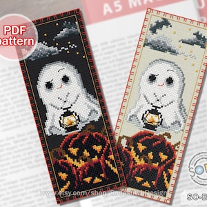 May include: Cross stitch bookmark pattern featuring a cute ghost holding a lantern with pumpkins in the background. The pattern is available in black and white or colour.