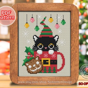 Kerst kruissteekpatroon pdf kerstversieringen Cat Kitty Kitten schattig modern Instant download, SO-OP2129 'Kitty in the cup'