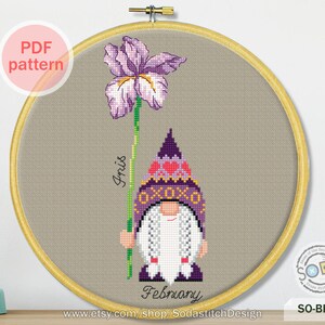 Birth Month Flower, February,Iris Gnome Garden Elf modern instant pdf download counted chart,SO-BF2 'Birth Flower of February' image 3