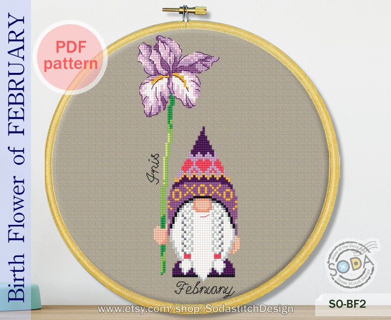 Birth Month Flower, February,Iris Gnome Garden Elf modern instant pdf download counted chart,SO-BF2 'Birth Flower of February' image 3