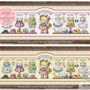 May include: Cross stitch pattern featuring a teddy bear wearing a pink dress and holding a basket of flowers. The pattern includes the days of the week, each with a different outfit for the teddy bear. The text "SO-OPG21" is in the bottom right corner of the image.