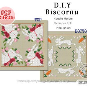 以下が含まれることがあります： ウサギのデザインが施されたDIYビスコーヌのPDFパターンです。パターンには、針刺し、ハサミ入れ、またはピンクッションを作るための手順が含まれています。パターンは「SO-BC109」というタイトルで、Etsyで入手できます。