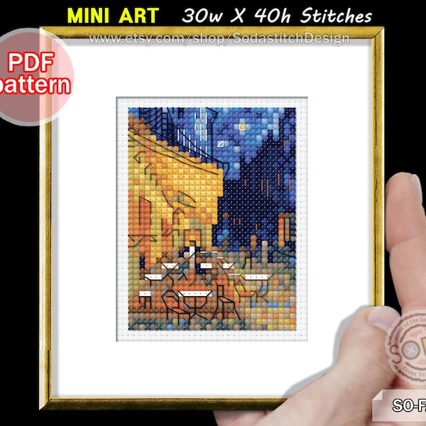 par Van Gogh, Mini Cross Stitch Pattern pdf Tiny Famous Paintings Fine Art Masterpiece Artwork, SO-FA2 'Cafe Terrace at Night by Van Gogh'