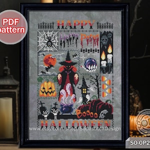 May include: A cross-stitch pattern featuring a colorful Halloween scene with a witch, pumpkins, candy corn, and the text "Happy Halloween".