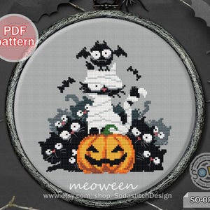 Kreuzstich Muster pdf Halloween Lustige Katzen Süß Katze Kürbis Katze Modern Jahreszeit Herbst ,SO-OP245 &#39;Meoween&#39;