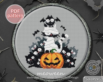 Gráfico de ponto cruz em PDF para o Halloween: Gatos, Gatinhos, Abóboras, Outono, Moderno, SO-OP245 'Meoween'